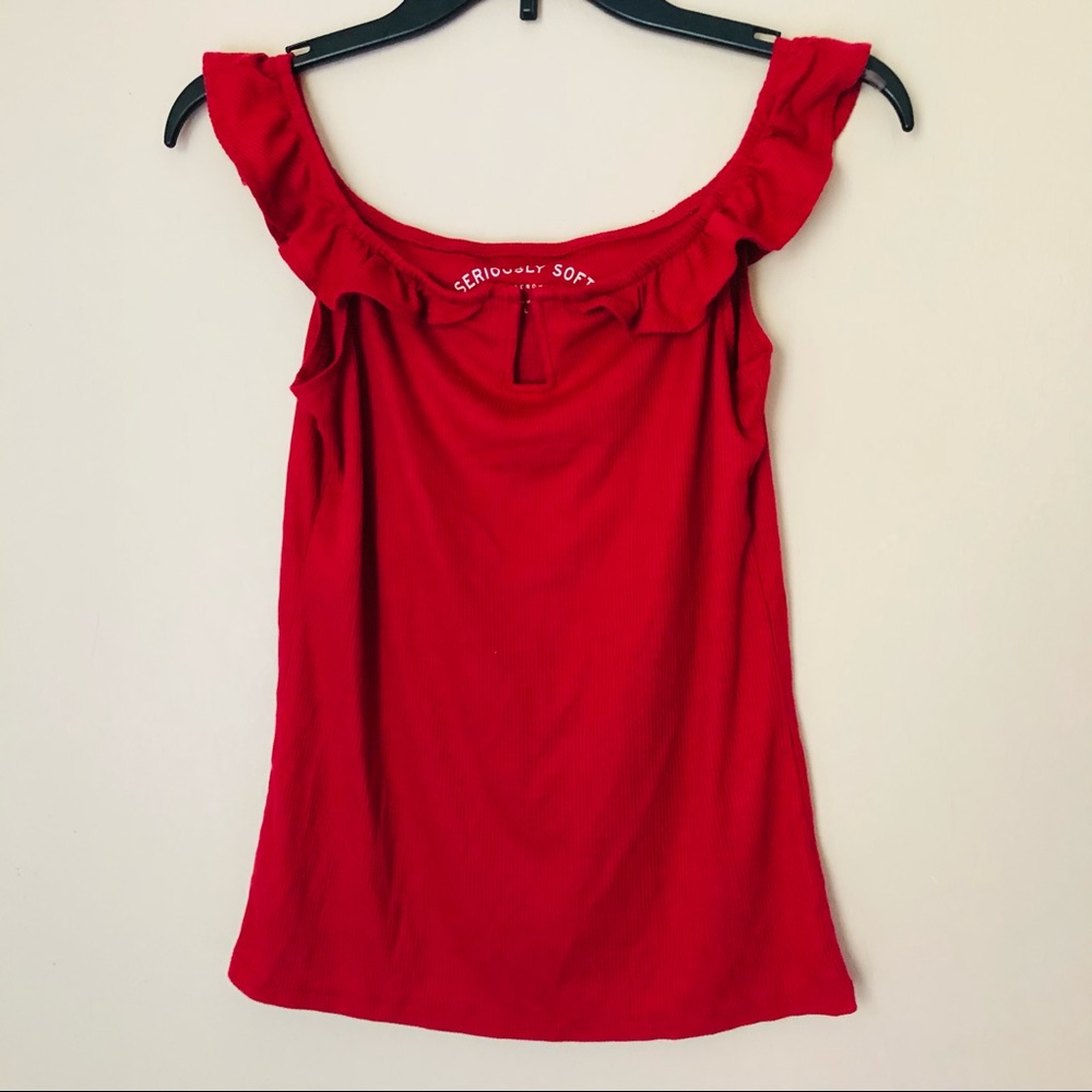 Aeropostale Red Lettuce Trim Off Shoulder Top